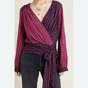 Anthropology Maeve Purple and Pink Wrap Tie Front Blouse